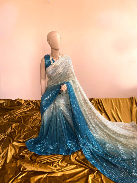 Ombré blue Sequin Saree