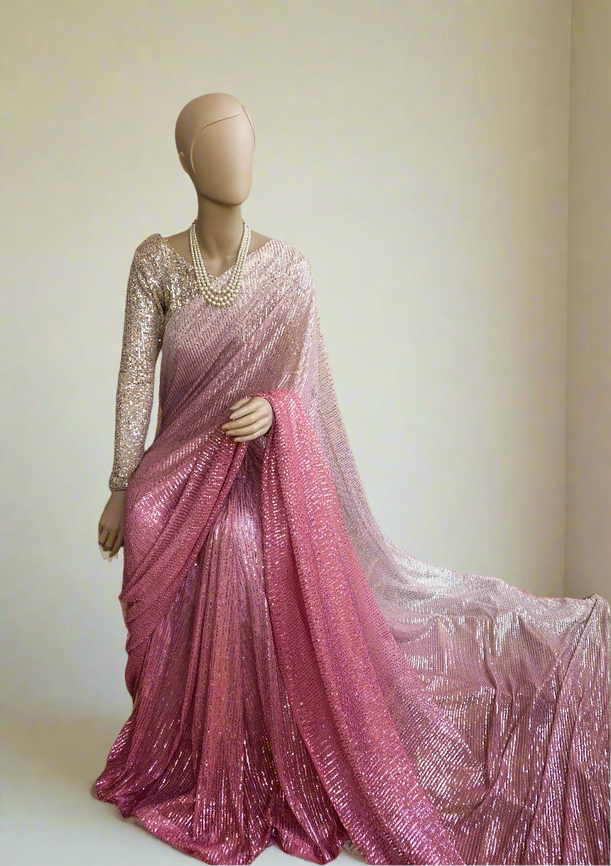 Salmon Pink Ombré Sequin Saree