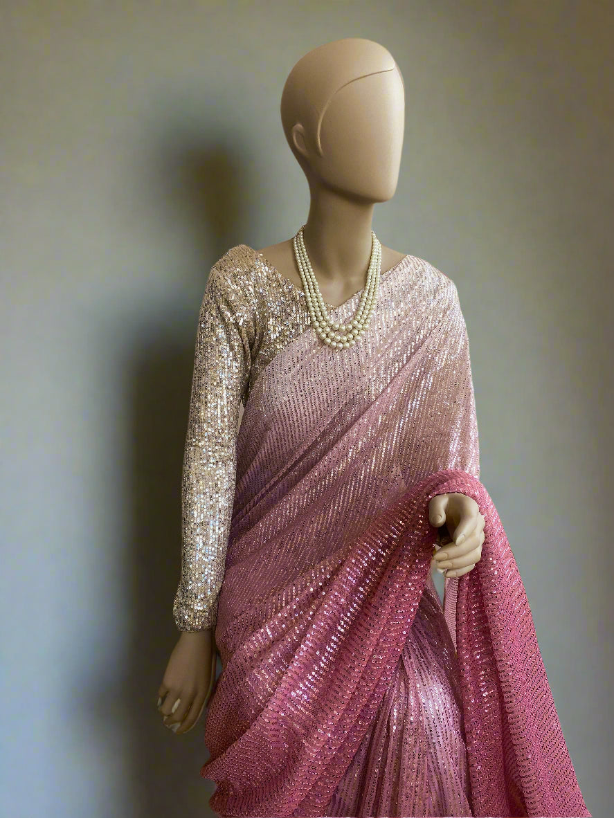 Salmon Pink Ombré Sequin Saree